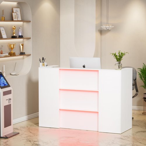 PAKASEPT Modern Reception Desk with LED Lights, 63 Inches Front Counter Table with Lockable Drawer & Shelves, Checkout Counter for Reception Room, Lobby, Beauty Salon, Retail,Office