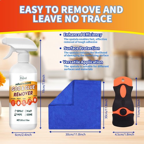 POLIXEL Adhesive Remover Goo & Glue Remover with Plastic Scraper Sticker Remover for Stickers, Labels, Decals, Residue, Tape, Gum, Grease, Tar, Crayon, Glue - 10oz/ 300ml