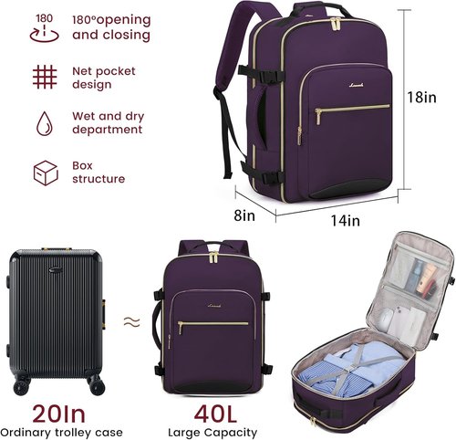 LOVEVOOK 40L Large Travel Backpack - Airline Approved Carry-On for Men & Women | Purple-Black