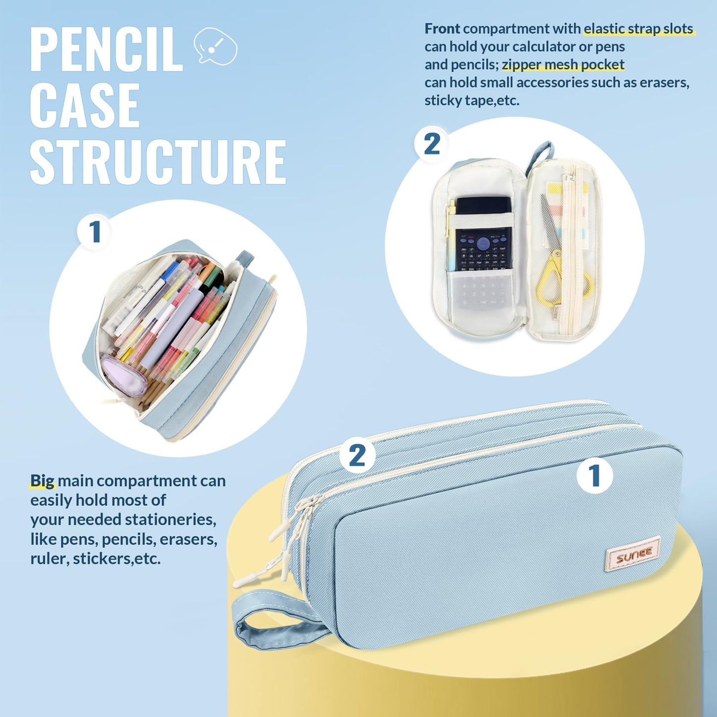 SUNEE Pencil Case, Large Capacity Pencil Pouch, Aesthetic Pen Bag Office Stationery Organizer Simple Sturdy Multifunctional for Teen Girls Women Men, Black