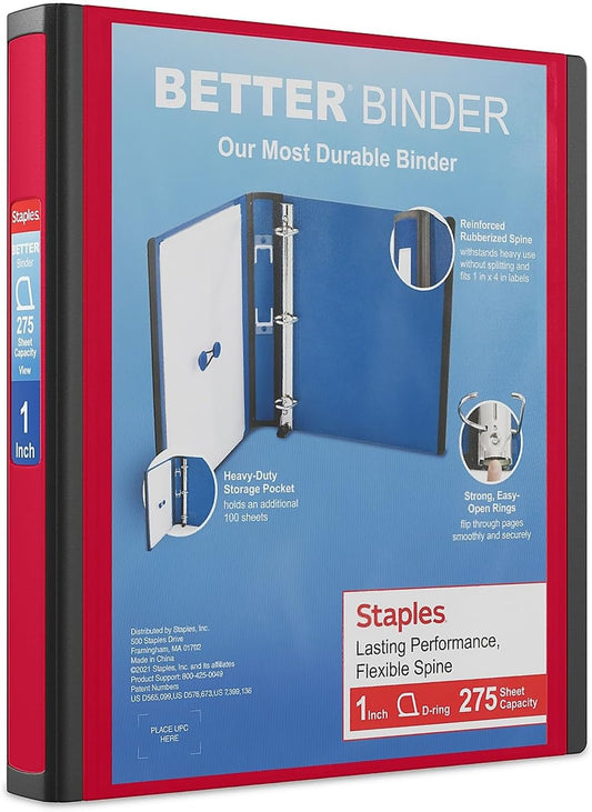 Staples Heavy-Duty D-Ring Binder - 1-Inch, Red | Durable Polypropylene with Removable Spine Label for School & Office