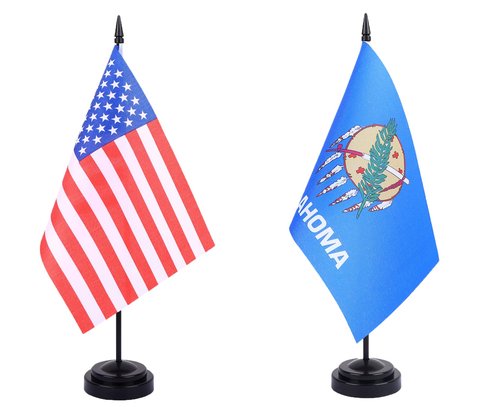 WXTWK 2 Pack USA Oklahoma Flag Oklahoma State Desk Flag Set - Mini Small Oklahoma Table Office Flags with Black 12" Solid Pole Stand Base Classroom Meeting Desktop Decorations