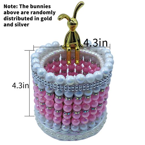 Ruesr Decorative Beaded Pen Holder, Pink and White Pearl Design with Bunny Accent, Desktop Organizer, Handcrafted Office Accessory