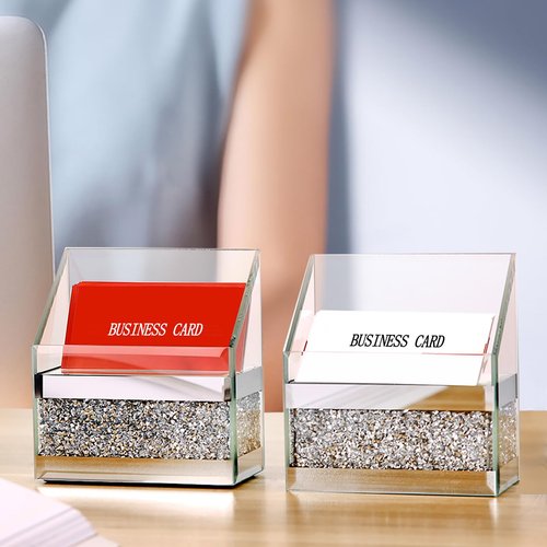 TACIDON 2 Pieces Mirrored Business Card Holder for Desk, Modern Crushed Diamond Glass Business Card Display Stand, Business Card Organizer for Office Home Desktop (Silver)