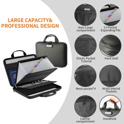 Fireproof Document File Organizer Bag, Black 5200°F Portable File Organizer Handbag With Lock,Hard Case Fireproof Waterproof Important Document Bag,Fire Safe Home Valuables Storage