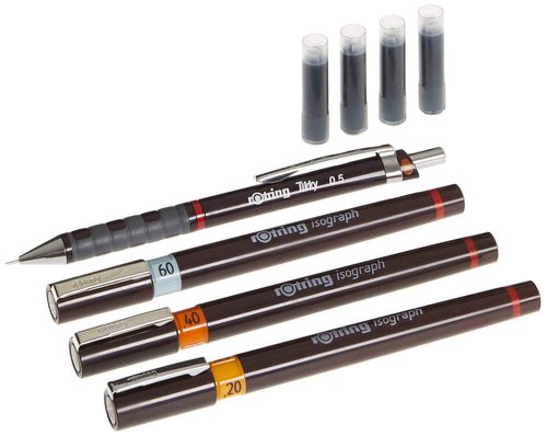 Rotring Isograph Junior Set 3X Technical Pens (0.20mm, 0.40mm, 0.60mm) + Accessories