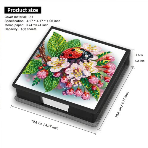 BAYUNOE Memo Paper Storage Box Diamond Art Painting Leather 4.2x4.2 in Sticky Note Holder for Organizer Notepad Holder with 160 Sticky Notes Office Supplies Desk Accessories-Ladybird