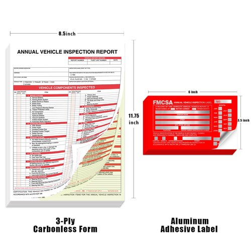 Goldenfox DOT Inspection Forms and Stickers,10-Pack,3-Ply Carbonless Annual Vehicle Inspection Report Form(8.5" x 11.75) with Red Exterior Aluminum Inspection Label(6"x3.5"), Permanent Adhesive.