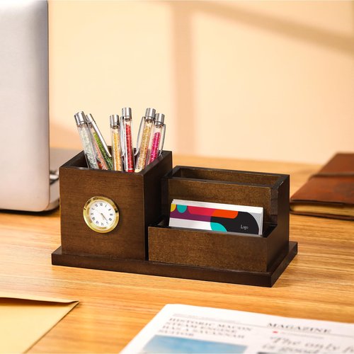 Watersay Wood Business Card Holders with Clock Pen Holder, Lawyers Gifts for Men and Women, Desk Organizer for Attorney Lawyers Professionals