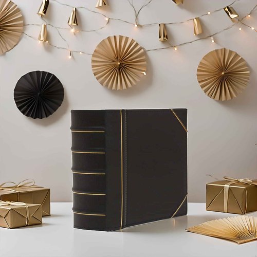 Executive Binder, English Leather, Hand Stitching and Ribbed Spine, Heavy Duty 3" Inch, 3 D-Ring with Buster, Black and Gold (3" inch)