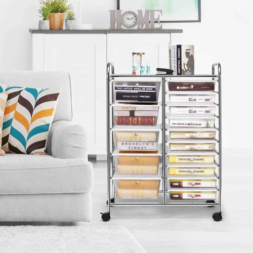 HOMGX Storage Cart with 15 Drawers, 15 Drawer Organizer Trolley, 15 Tiers Storage Trolley, File and Debris Storage Cart, Rolling Drawer Cart for Office and School (Clear)