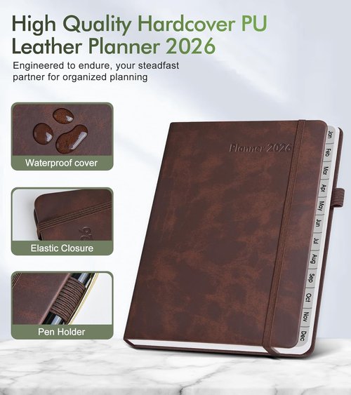 2026 Weekly & Monthly Planner - Skiennix Leather Agenda Organizer Book, A5 Size (5.75" x 8.38"), Brown