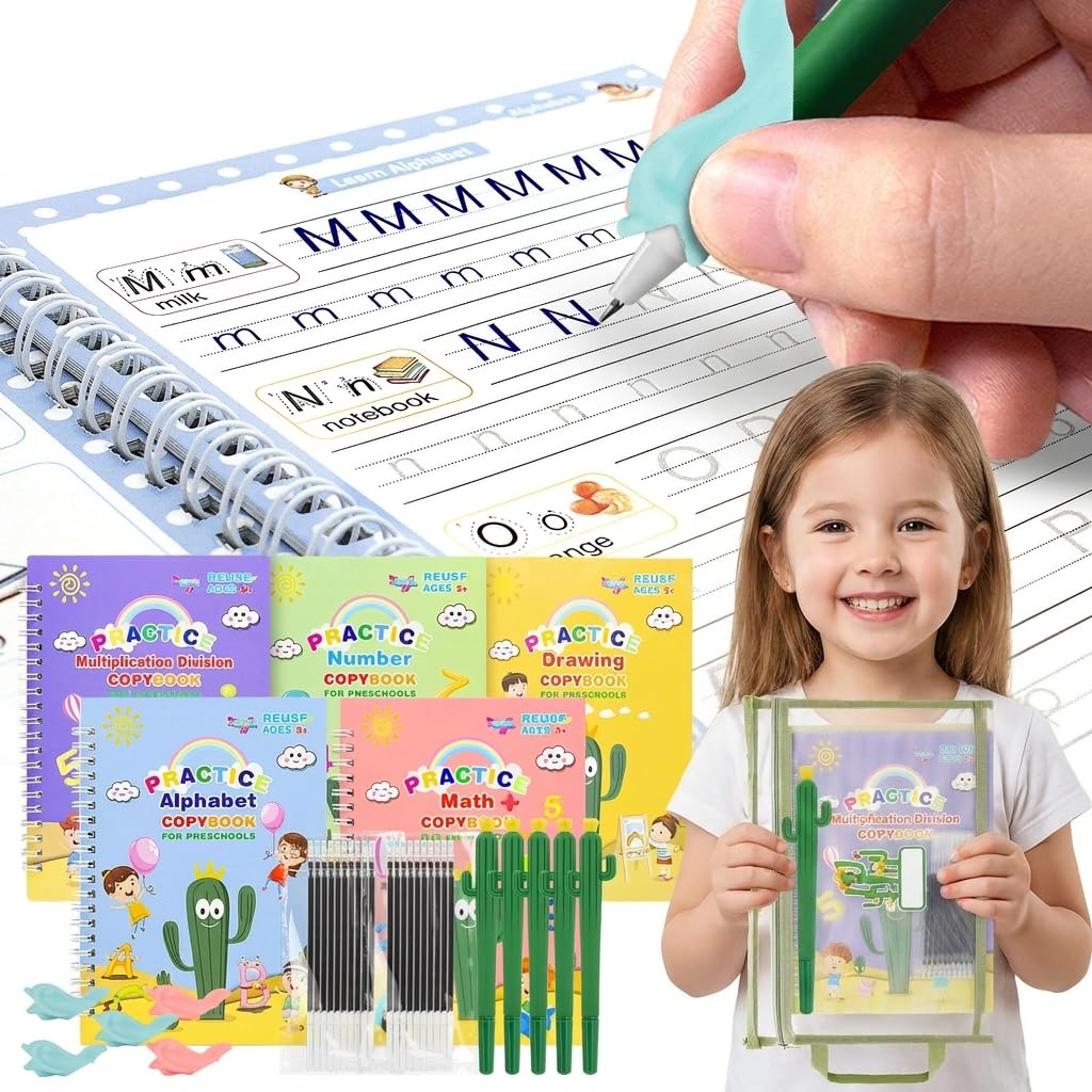 Reusable Magic Copybook for Kids, Large Grooved Handwriting Practice with Pens 5 Large copybooks (7.3x10.3in), Magic Ink Fades Automatically for Reuse, Includes Cactus pens & Bag, Great for Ages 3-8