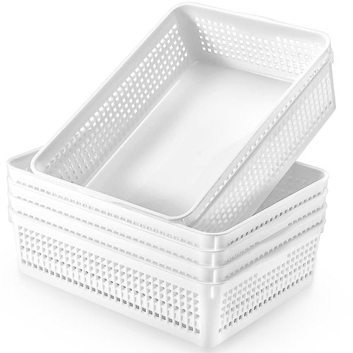 Cptoion A4 Size Plastic Storage Basket Tray,6 Pack Plastic Paper Storage Trays,Desktop File Paper Letter Organizer Basket for Classroom, Office, Home (White)