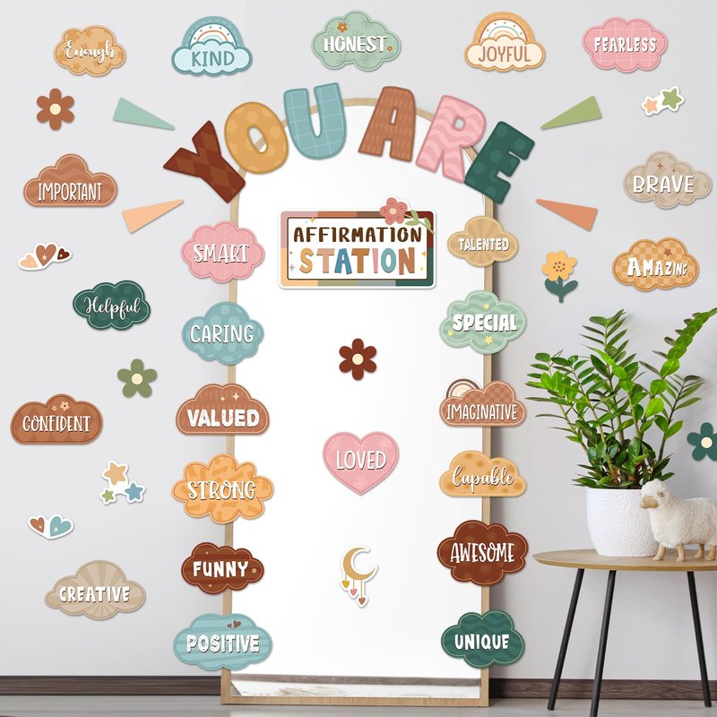 Weekgrat 45pcs Classic Boho Bulletin Board Set Motivational Posters Classroom Mirror Growth Mindset Decor Positive Affirmations Accents Cutouts for School Office Home Teacher Wall