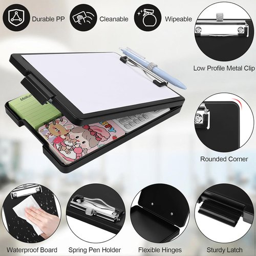 Meiikun A5 Mini Clipboard - Storage & Pen Holder | 6x9 Black Plastic Clipboards for School & Office