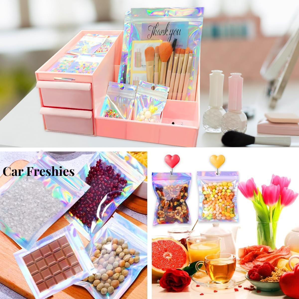 Skiennix Holographic Resealable Packaging Bags - 100 Pcs Cute Smell Proof Foil Pouches | 4x6 Inch for Small Business Supplies