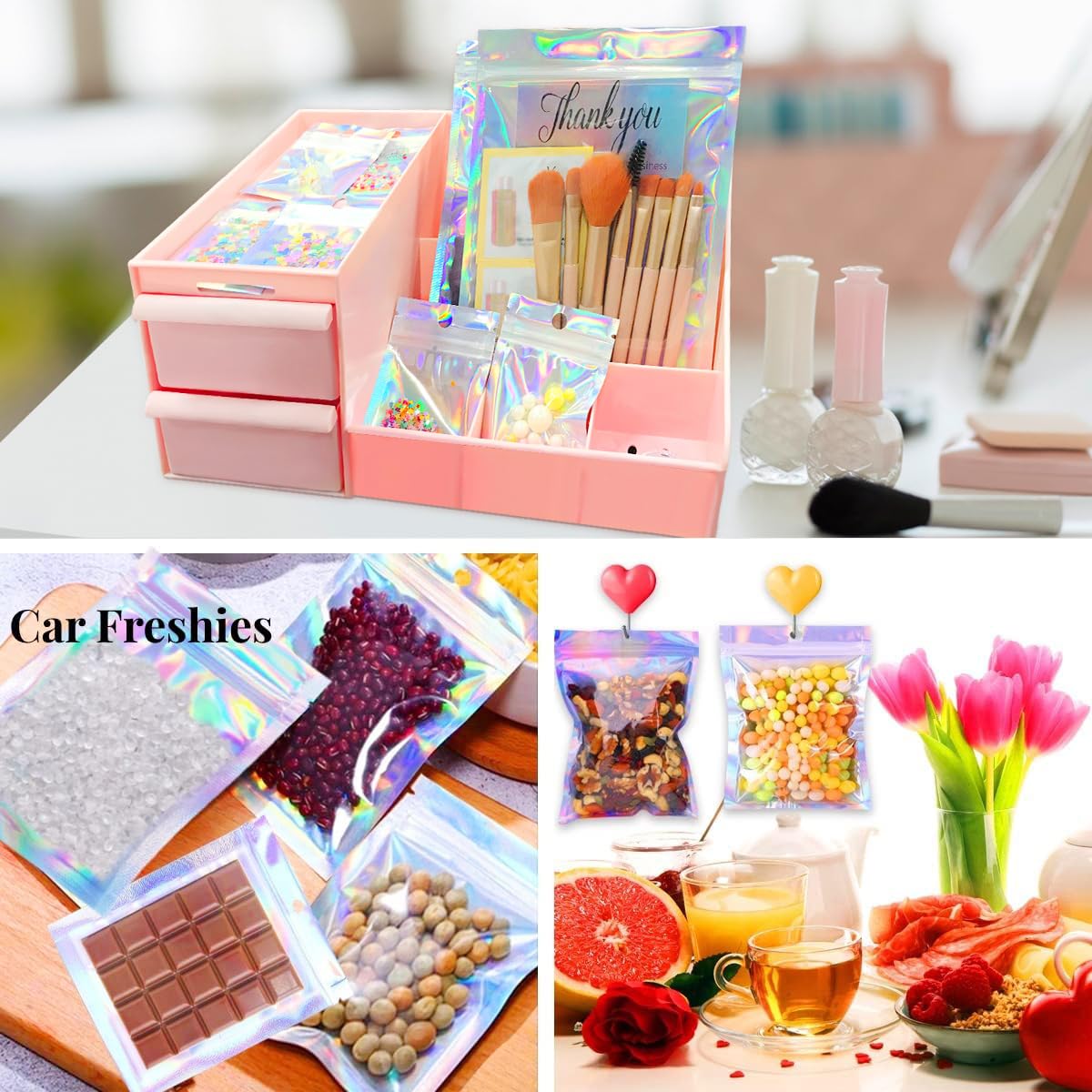 100 Pcs Holographic Resealable Packaging Bags for Small Business Supplies, Cute Small Color Smell Proof Foil Pouch Plastic Baggies for Lip Gloss Soap Party Food Storage (4x6 inch)