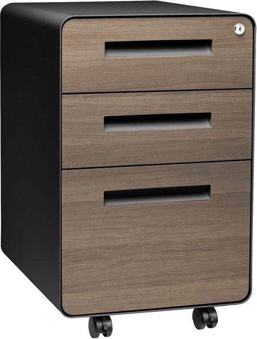 Laura Davidson Furniture 3 Drawer File Cabinet with Lock - Metal Filing Cabinet for Legal/Letter Files, Black/Wood