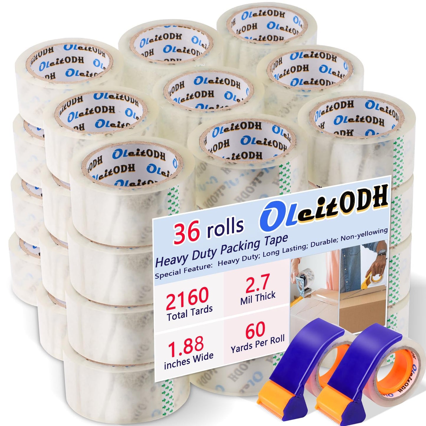 Oleitodh 36 Rolls Clear Packaging Tape with Dispenser, 1.88" X 60 yd Shipping Tape Bulk, Total 2160 Yards, 2.7 mil, 3" Core, Heavy Duty Packing Tape Refills for Moving Boxes, Package, Mailing