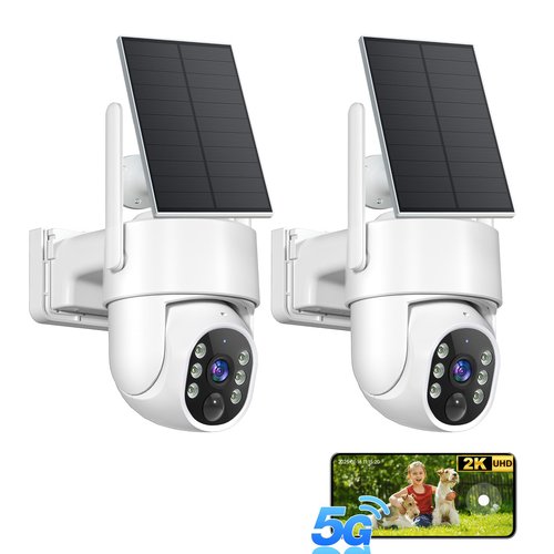 Solar Security Cameras Wireless Outdoor, 5G WiFi Cameras for Home Security, 2K 360° PTZ Battery Powered Outside Cam, 2 Way Talk, Color Night Vision, AI Human Detection for Porch/Garage/Yard, 2 Packs