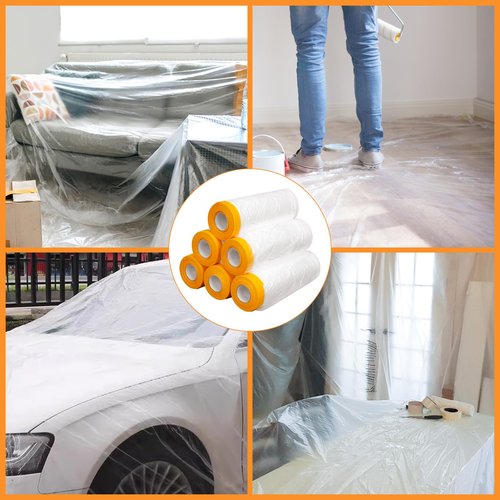 uyoyous 6 Rolls Pre-Taped Plastic Masking Film, 9x67 ft Painters Covering with Drape Paper, Paint Adhesive Protective Film Roll for Cars, Auto and DIY Project Essentials