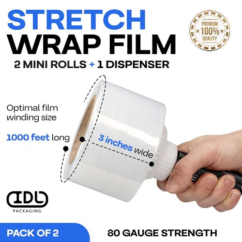 IDL Packaging Stretch Wrap Mini Roll - 3" x 1000' Extra Sticky 80 Gauge with Handle | Ideal for Moving & Office Use