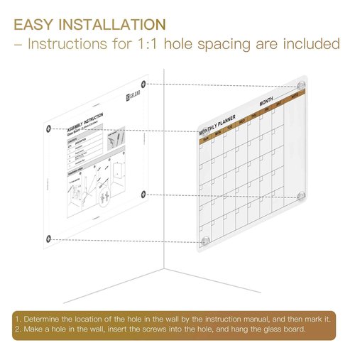 SELEAD Large Magnetic Glass Calendar Whiteboard for Wall - Dry Erase White Board with Markers, Magnets, Eraser - 3‘x2' Planner Pizarra for Home School Office