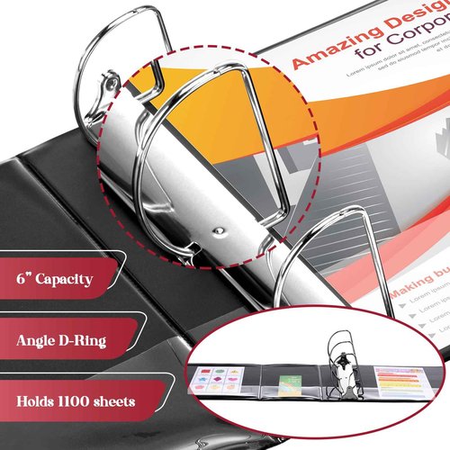 Sinload 4 Pcs 6 Inch Large Ring Binders with Pockets 3 Ring Binder 8.5" x 11" Presentation Folder View Binder with Customizable Clear Cover for Documents Files Projects (Black)