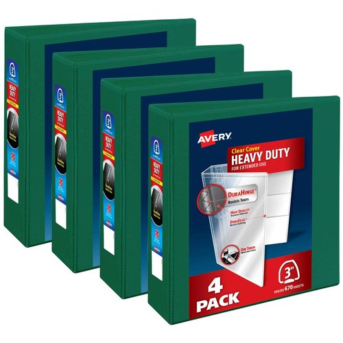 Avery Heavy-Duty View 3 Ring Binders, 3 Inch One Touch EZD Rings, 670-Sheet Capacity, 3.5 Inch Wide Spine, Customizable Clear Cover and Spine, Green Binders (4-Pack of 79109)