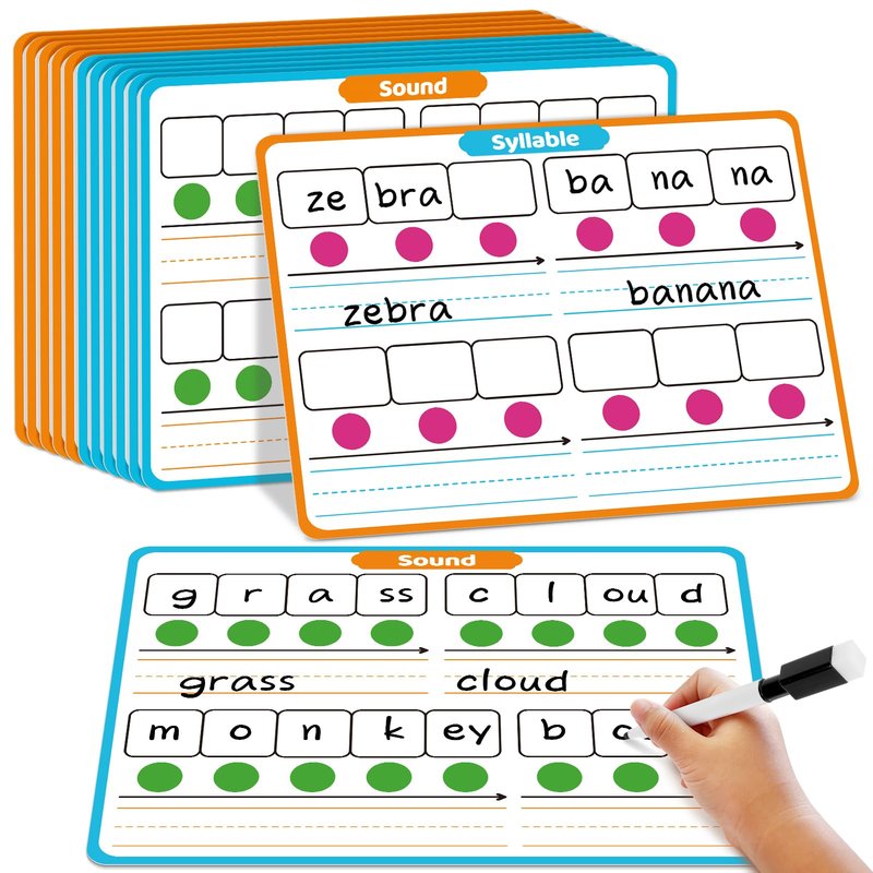 Laffunz 12 Packs Phonemic Awareness Dry Erase Board, Speech Therapy Material Dry Erase Phonics Games Flash Cards, Elkonin Boxes Science of Reading Spelling Manipulatives Classroom Materials Must Have