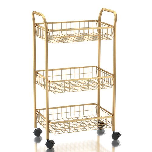 MNOPQ 3 Tier Rolling Utility Cart, Storage Trolley Service Cart with Wheels Easy Assembly for Kitchen, Living Room, Office, Salon, Gold