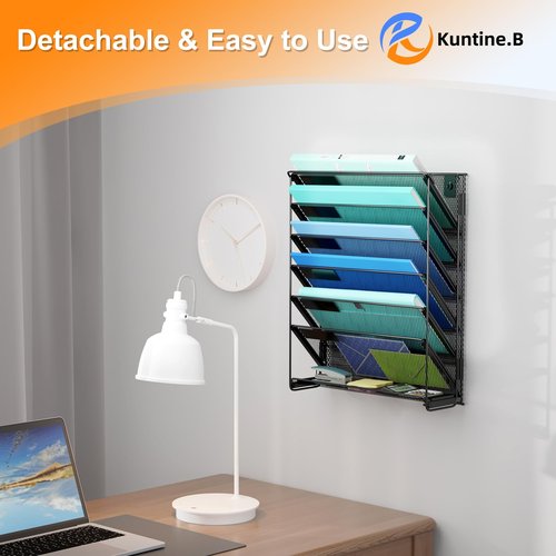 Kuntine.B 7-Tier Hanging File Organizer Vertical Wall File Organizer Wall File Holder, Mesh Magazine Rack Mail Document Organizer for Office School Home (Black, 1 Pack)