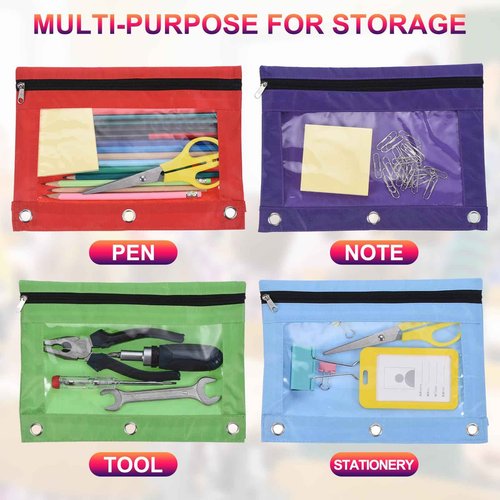 PATIKIL 30 Pack Pencil Pouch for 3 Rings Binder, Oxford Cloth Clear Window Zipper Binder Pouch Pencil Case Bag Bulk for Office Home, 6 Colors