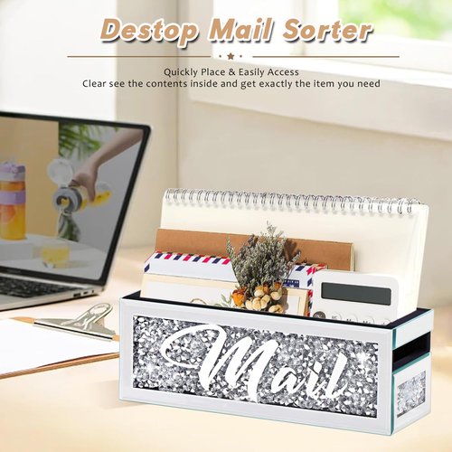 WALTSOM Crushed Diamond Mail Organizer, Crystal Mail Organizer Countertop, Mirror Letter Holder, Mail Tray, Mail Holder Box for Desk, Mail Holder for Wall