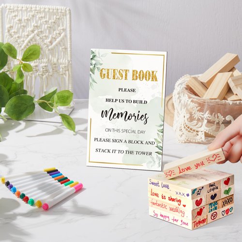 Beeveer 80 Pcs Wedding Guest Book Alternative Wooden Block Guest Book for Wedding Sign in Bridal Shower Decoration Wooden Block Bridal Shower Game for Sign in, Reception(Greenery)