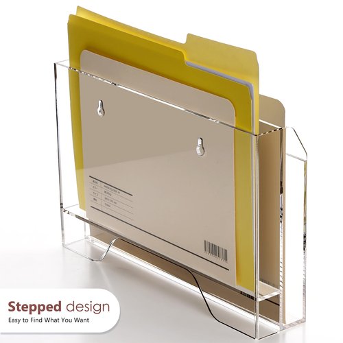 DINGHUO Wall Hanging File Organizer, Acrylic Mail Organizer wall mounted File Holder, Clear 2 Tier Folder Paper Document Magazine Rack for Desk Office School Home - 1 Pack