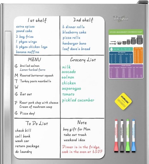 HOMiDEK Magnetic Dry Erase Board: Large Fridge Whiteboard, Flexible Refrigerator Magnet White Board, Blank Writing Note Sheet with Kitchen Conversion Chart Magnet, 4 Markers & Eraser - 23 x 15