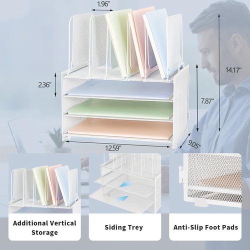ORDROLL Desk Paper Organizer with Handle,3 Tier Letter Trays with 5 Vertical File Holder,Paper Storage,White Mesh Desktop Organizer for Classroom,Home or Office
