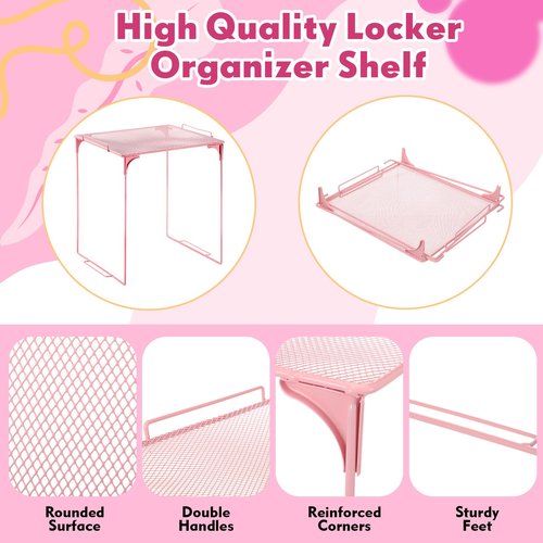 Suzile 16 Pcs Pink Locker Accessories Kit Included Locker Organizer Shelf, Magnetic Whiteboard, Course Schedule, Rug, Magnetic Mirror, Pen Holder, Pen, Planner, Photo Frame, Clips, Light String