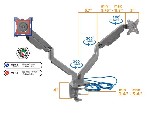 Mount-It! Dual Monitor Arm Mount Desk Stand | 2 x 3.0 USB Ports | Articulating Mechanical Spring Height Adjustable | Fits Two 24 27 29 30 32 Inch VESA 75 100 Compatible Screens | C-Clamp and Grommet