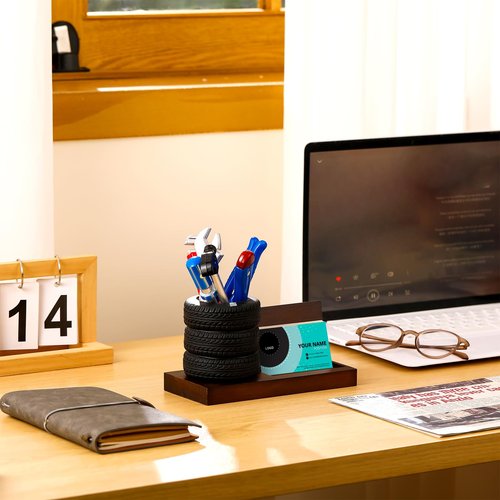 Feifeiya 7 Pcs Tire Shape Stationery Set Wooden Tire Pen Holder Business Card Holder Desktop Novelty Desk Organizer Tool Funny Automotive Desk Accessories for Men Gifts Mechanic Car Lovers(Brown)