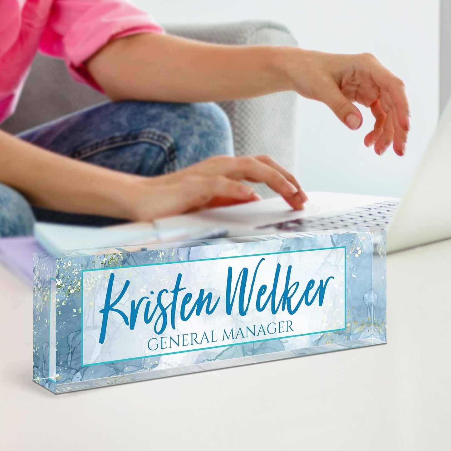 Skiennix Personalized Desk Name Plate - Elegant Acrylic Office Decor for Men & Women | Blue Marble Finish