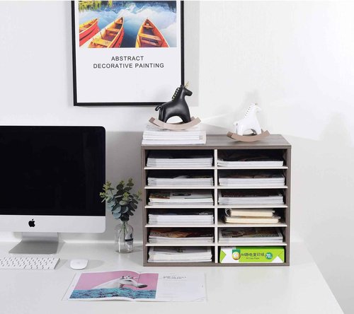TQVAI Literature Organizer, Heavy Duty 12 Compartments Countertop Mail Organizer with Adjustable Shelves, Wooden Desk Paper Storage Organizer, Mailboxes Cubbies for Office, Classroom, Retro Grey/White