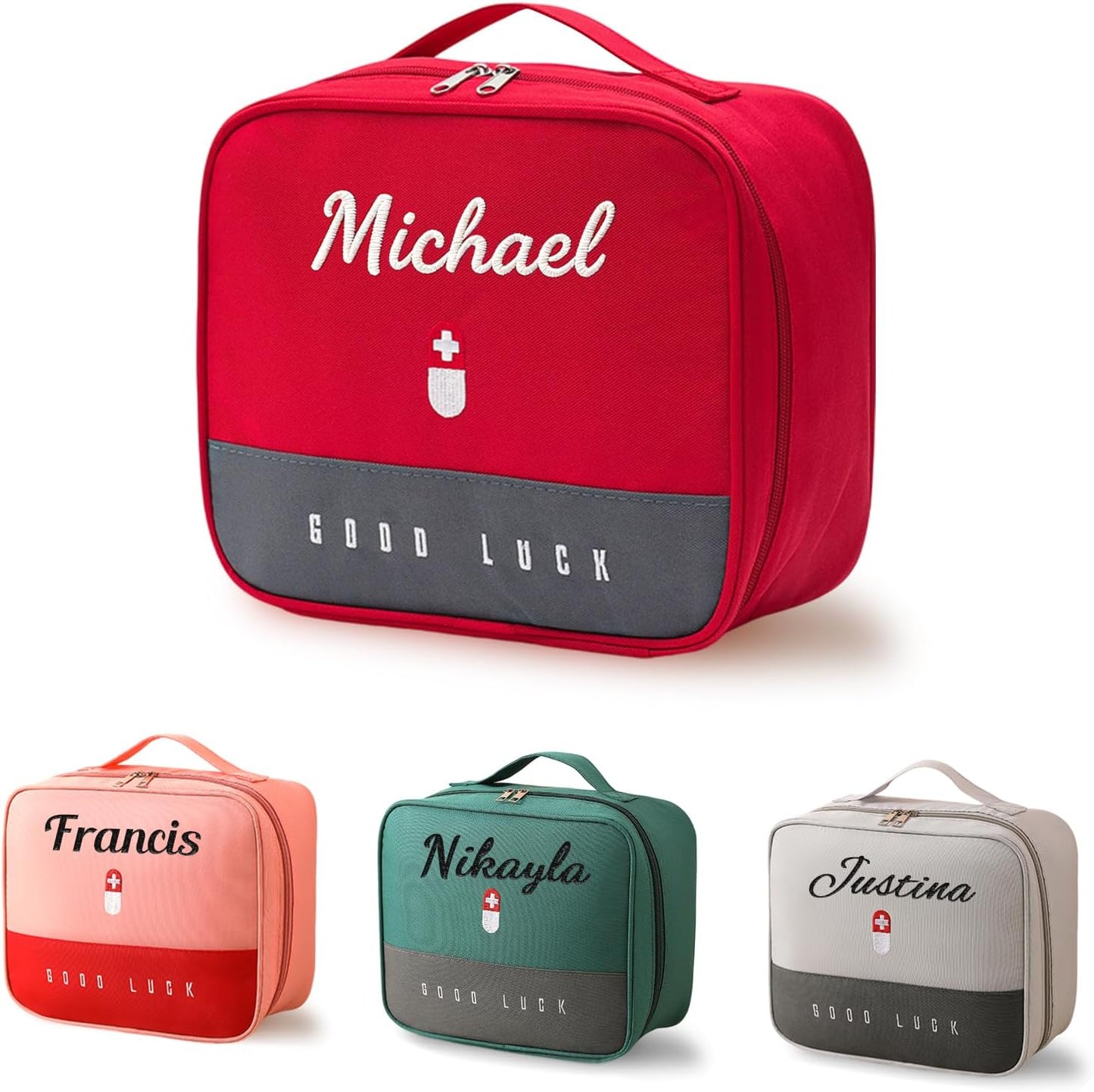 Skiennix Personalized First Aid Bag - Custom Travel Medicine Organizer with Embroidered Name | Portable Red Kit for Home, Car, Camping & Office