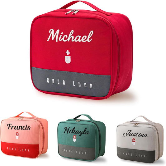 Skiennix Personalized First Aid Bag - Custom Travel Medicine Organizer with Embroidered Name | Portable Red Kit for Home, Car, Camping & Office