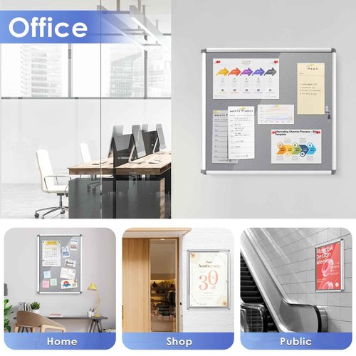 SWANCROWN Enclosed Bulletin Board 24x18 in, Tamperproof Lockable Grey Felt Board Wall Display Case for Office School Home, Aluminum Frame