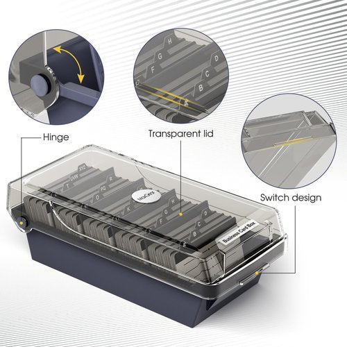 MaxGear Business Card Holder for Desk, Large Plastic Business Card Organizer Box with Lid, Credit Card File Storage Case for Office & Home, Holds 500 3.5” x 2.2” Cards with A-Z Index Tabs, Gray