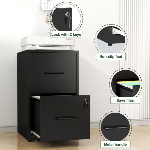 Yukimo 2 Drawer File Cabinet with Lock, Vertical File Cabinet with Lock, Locking File Cabinet Hanging Files for A4/ Legal/Letter,Black