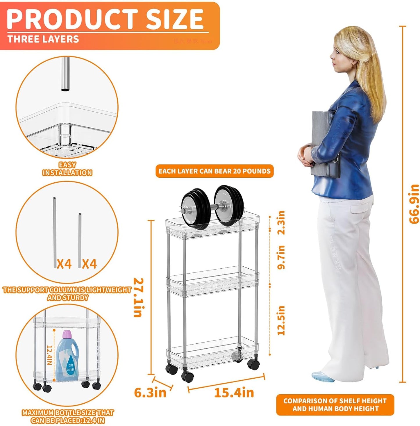 Yieach Clear 3-Tier Slim Rolling Storage Cart - 6.3" Wide Thin Shelves for Small Spaces | Bathroom & Laundry Use